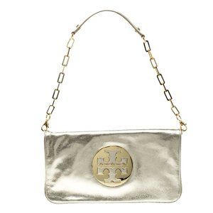 TORY BURCH Metallic Gold Leather Large Gold Logo Reva Shoulder Bag